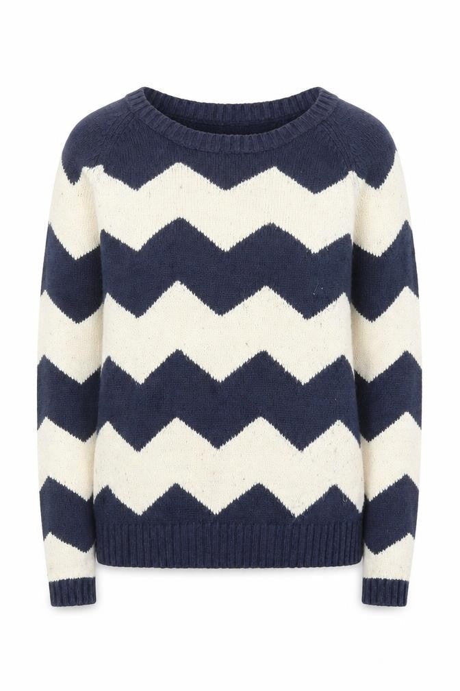 Fat Face Women's Blue & Cream Chevron Knit Jumper Size 12
