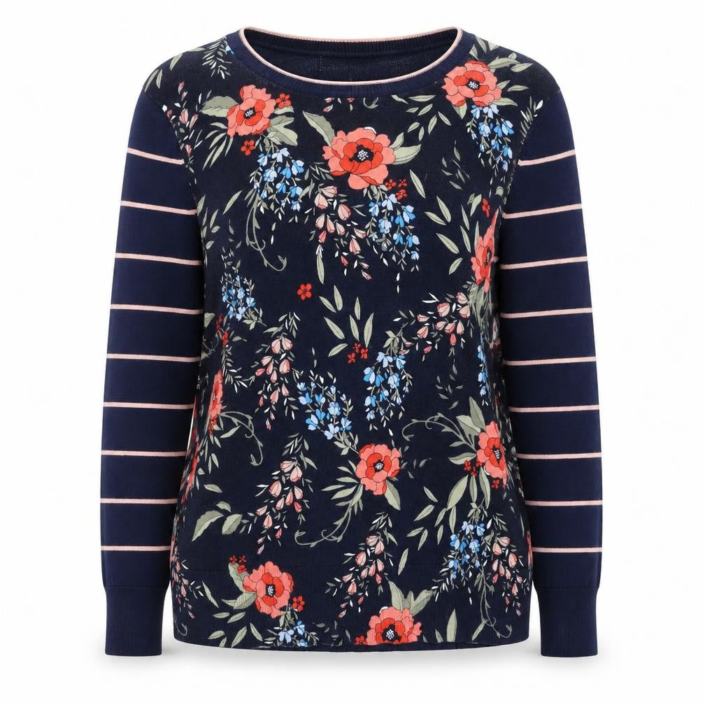 Lands' End Women's Blue Floral & Stripe Cotton Pullover Jumper L