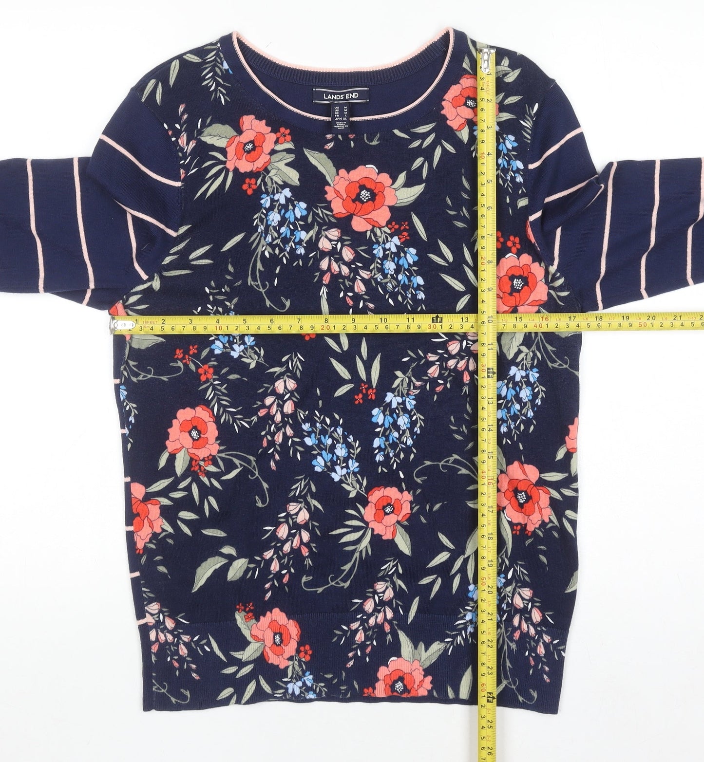 Lands' End Women's Blue Floral & Stripe Cotton Pullover Jumper L