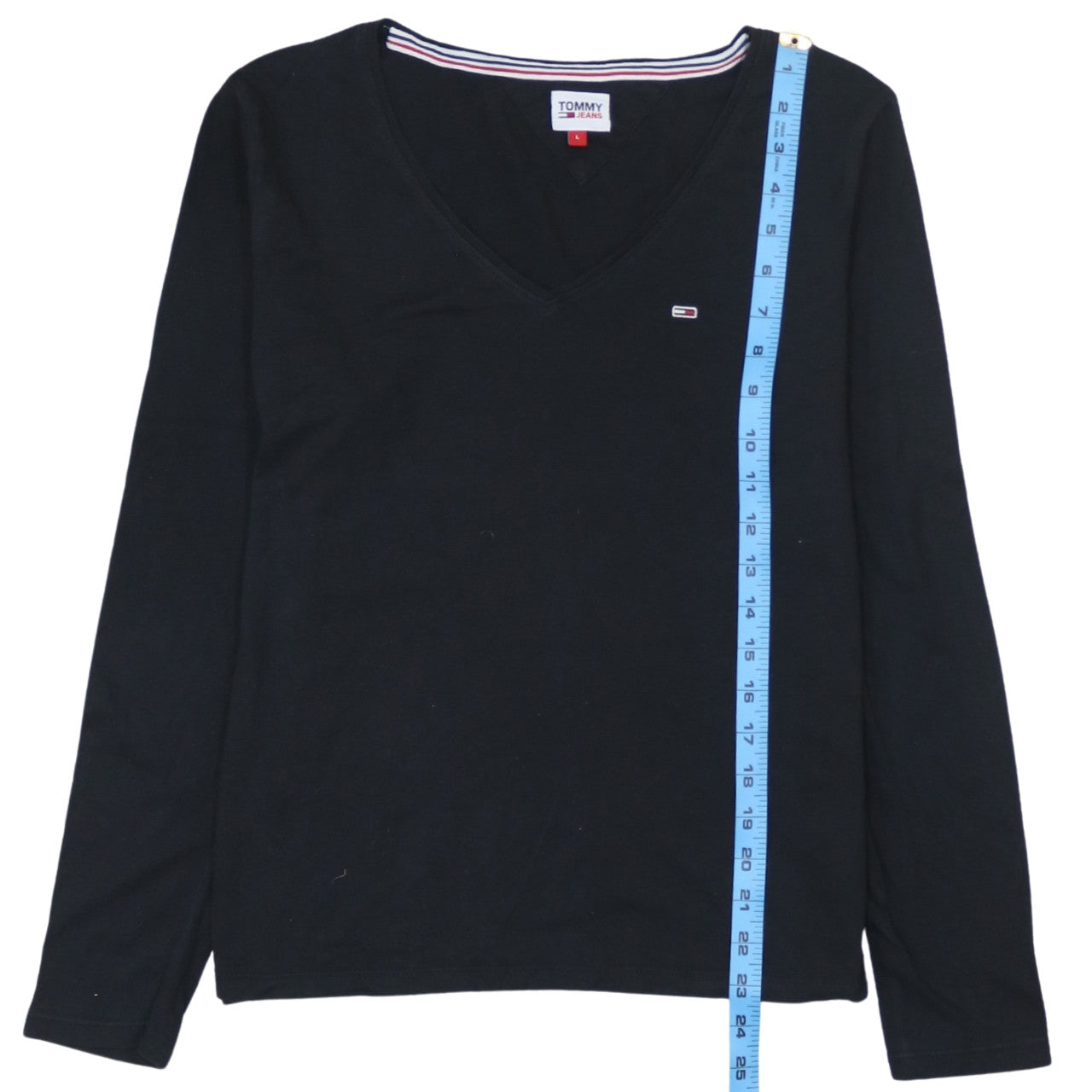 Tommy Jeans Womens Black Long Sleeve V-Neck Cotton T-Shirt L