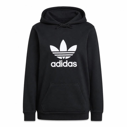 Front view of Adidas women’s black pullover hoodie small logo graphic cotton blend