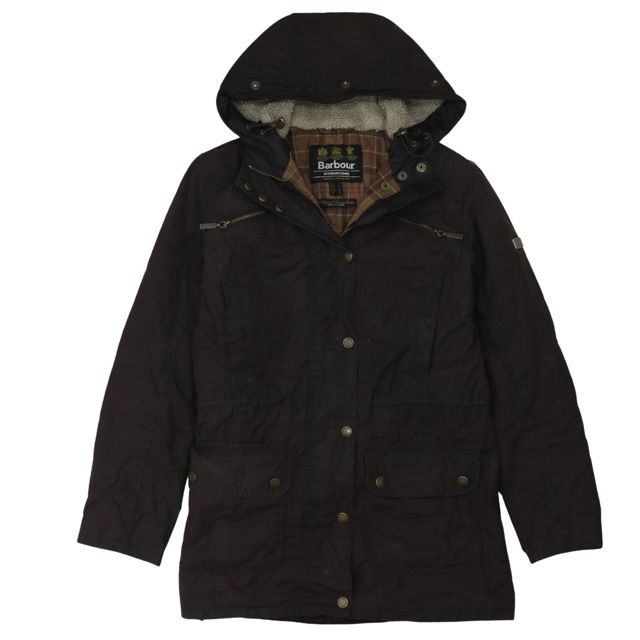 Barbour Women Brown Waxed Parka Jacket Size 10 Hooded Lined