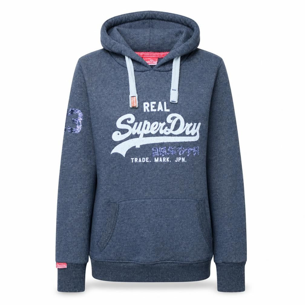 Superdry Women Grey Sequin Logo Pullover Hoodie Size M