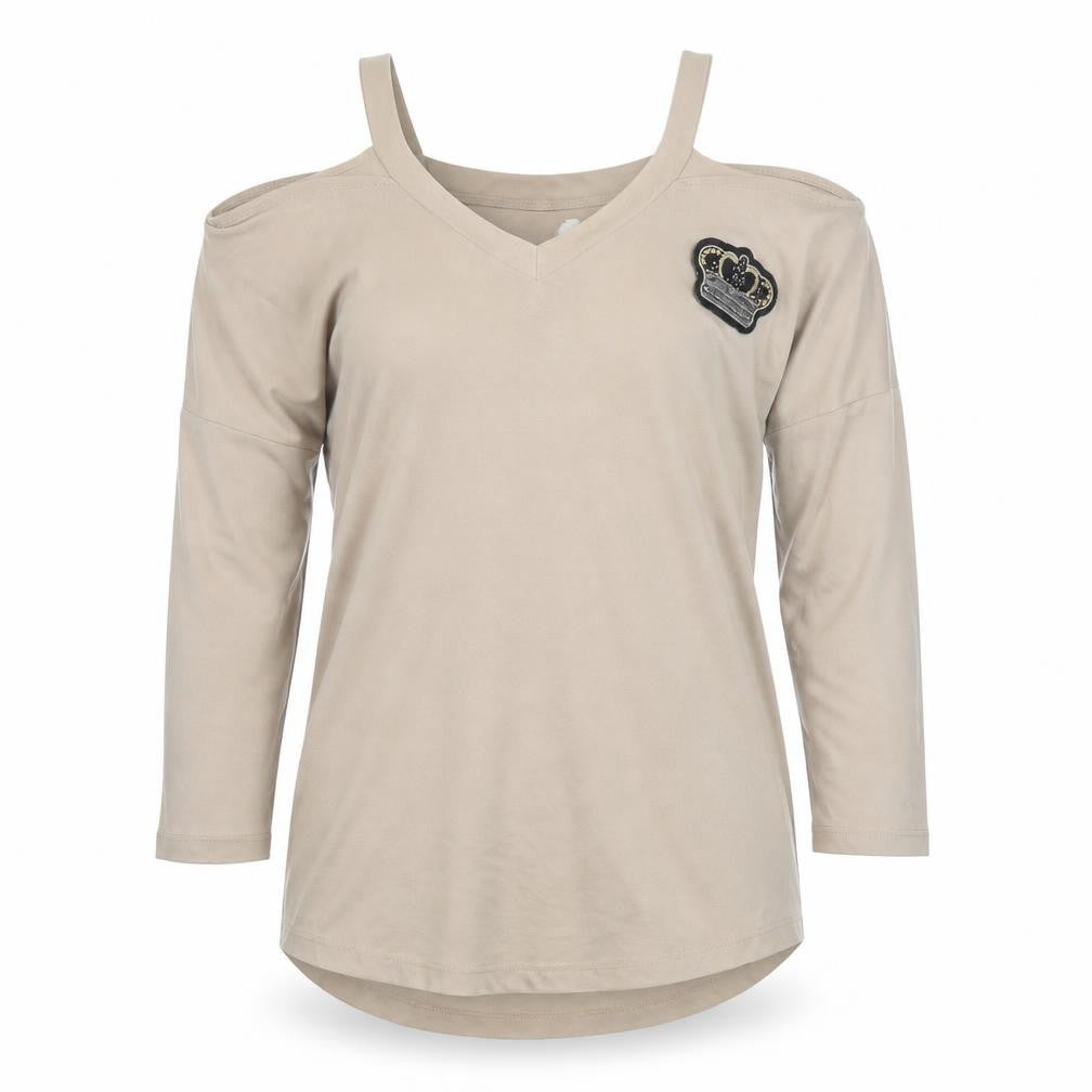Stradivarius Women’s Beige Cold Shoulder V-Neck 3/4 Sleeve T-Shirt Size 8