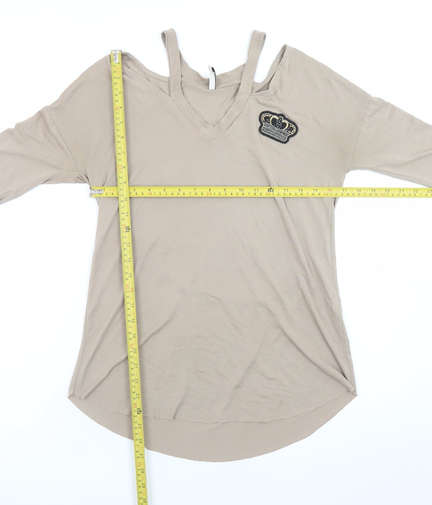 Stradivarius Women’s Beige Cold Shoulder V-Neck 3/4 Sleeve T-Shirt Size 8