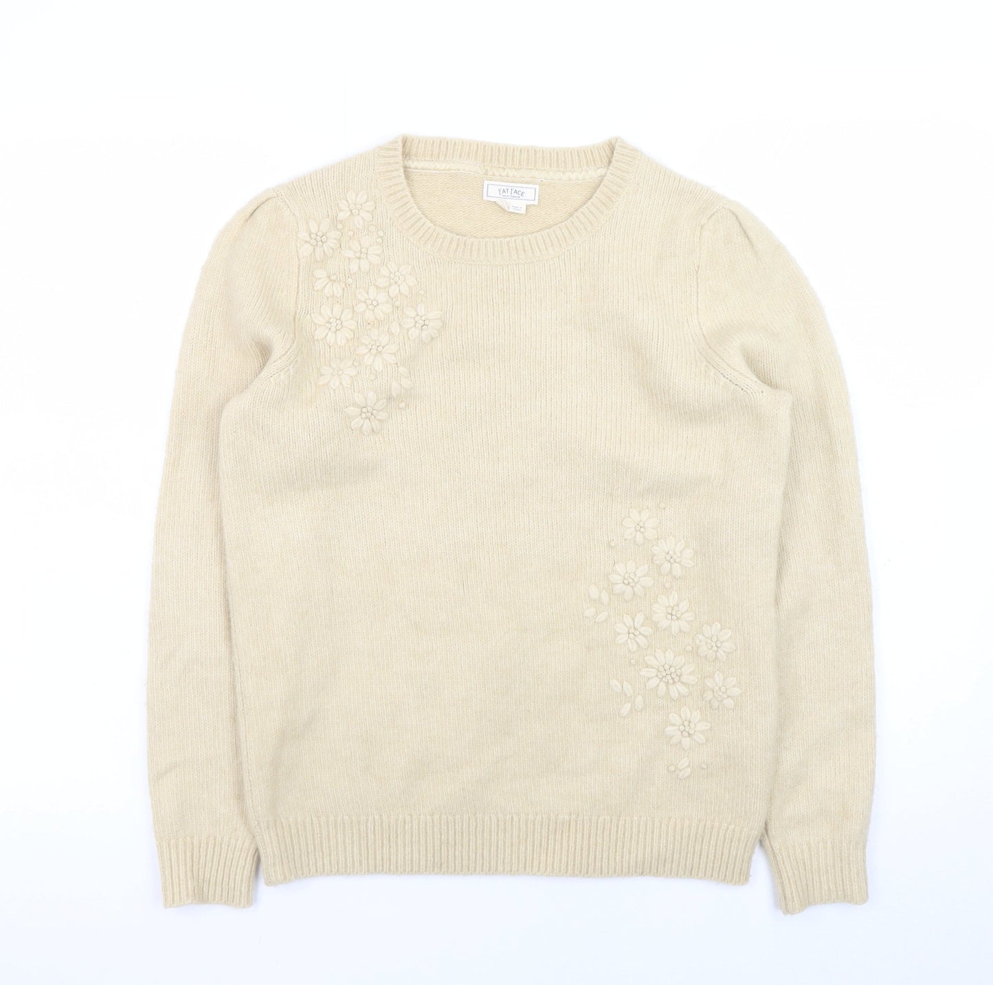 Fat Face Women's Beige Embroidered Wool Blend Jumper Size 8