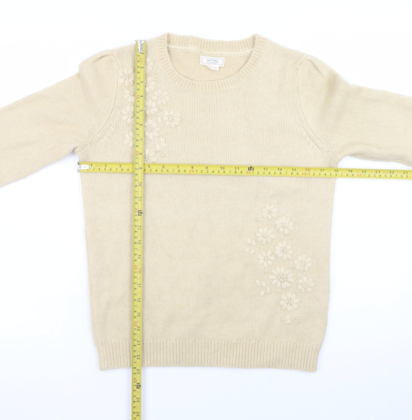 Fat Face Women's Beige Embroidered Wool Blend Jumper Size 8