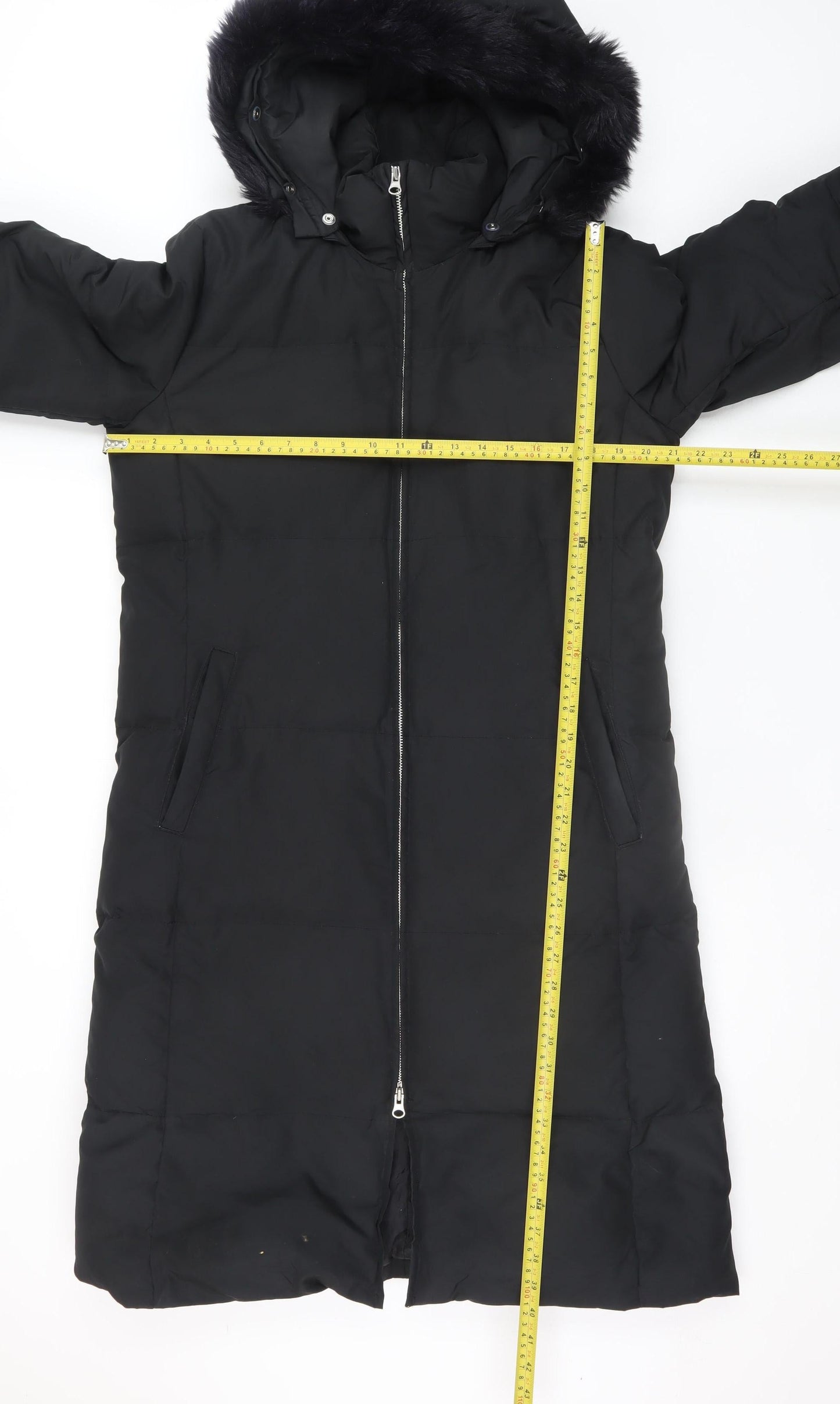 GAP Womens Black Long Puffer Coat L Hooded Faux Fur Trim Winter Jacket