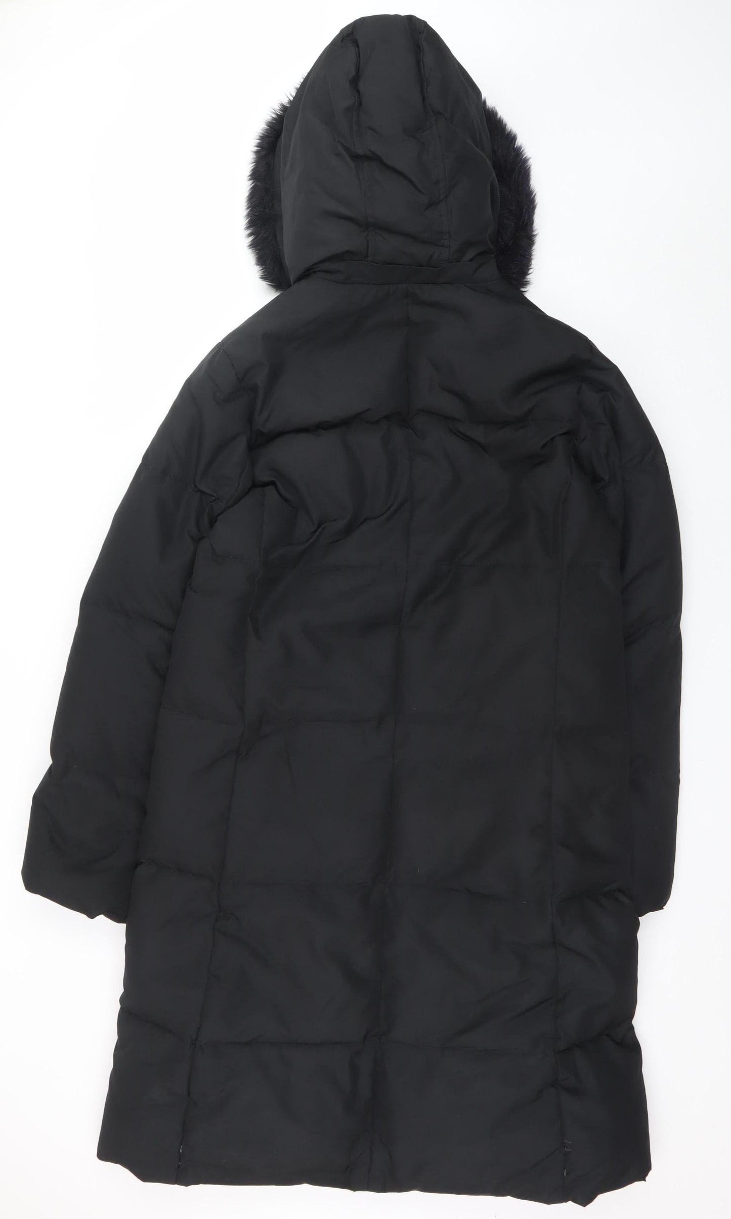 GAP Womens Black Long Puffer Coat L Hooded Faux Fur Trim Winter Jacket