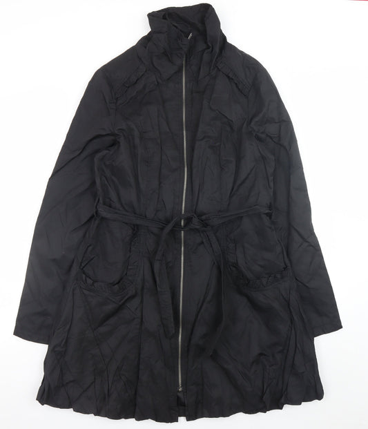 Wallis Women’s Black Long Trench Coat Size 14 Belted Zip Cotton Blend
