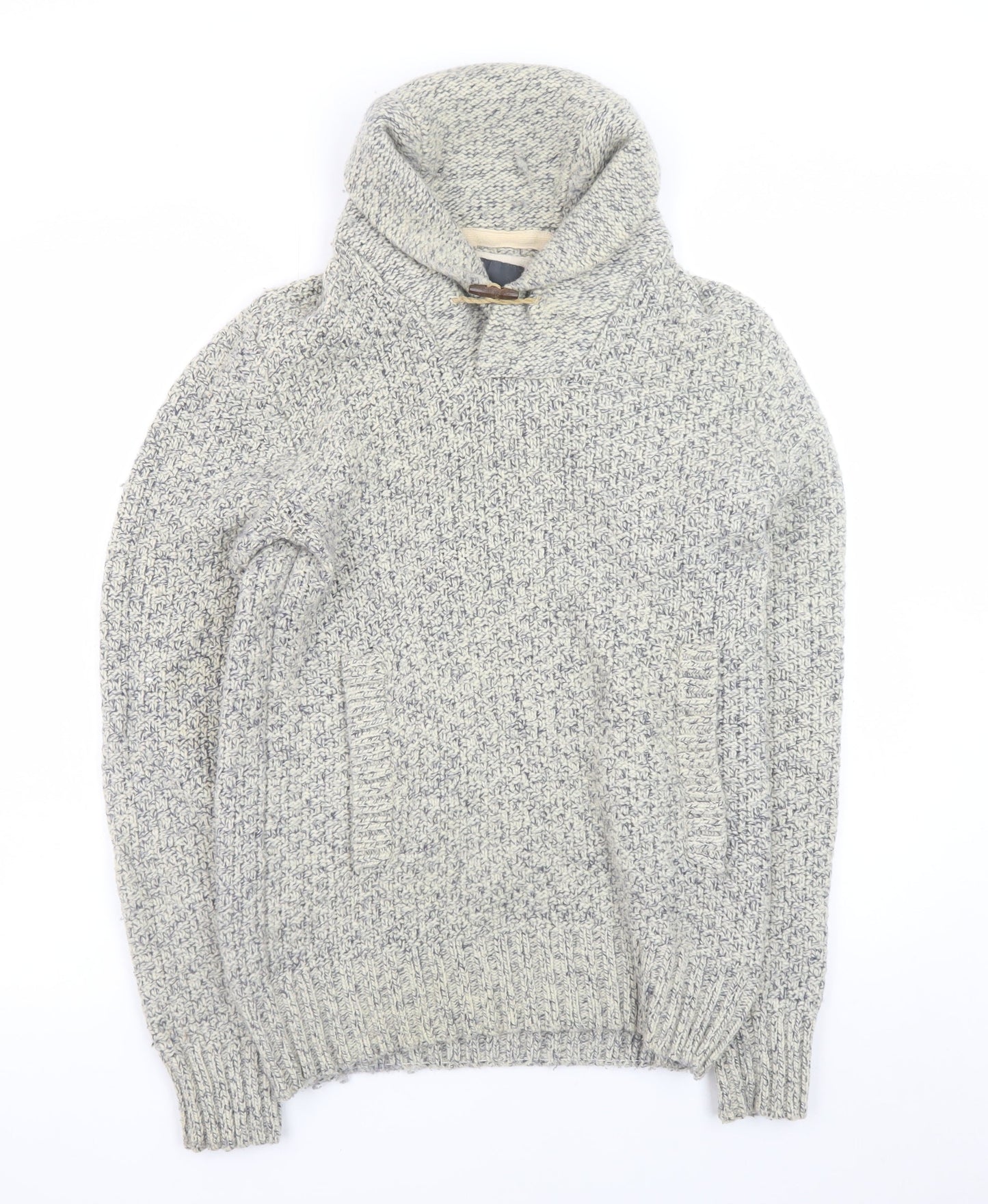 H&M L.O.G.G. Mens Grey Chunky Knit Hooded Wool Pullover Jumper Size S