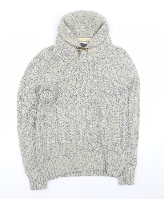 H&M L.O.G.G. Mens Grey Chunky Knit Hooded Wool Pullover Jumper Size S