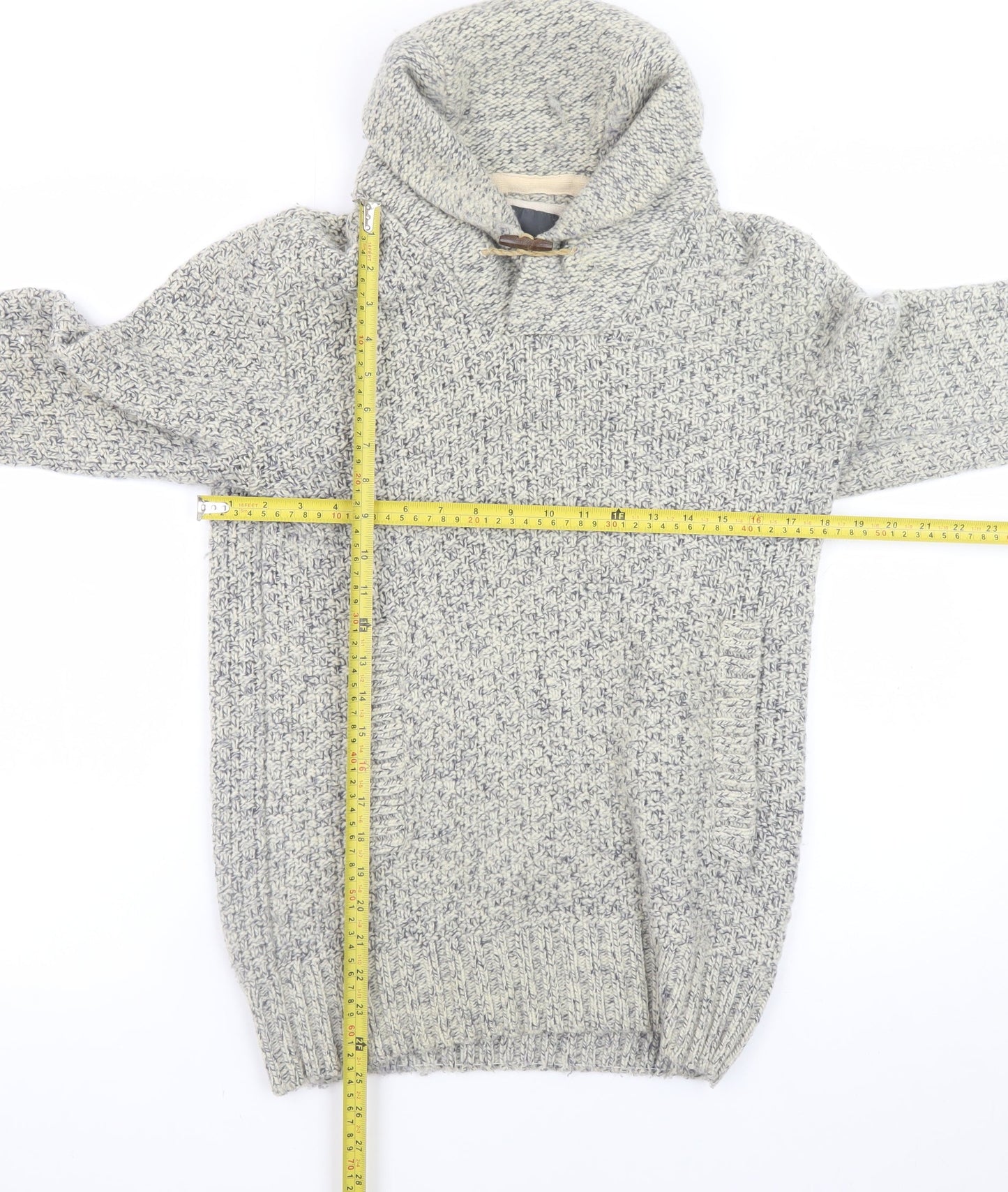 H&M L.O.G.G. Mens Grey Chunky Knit Hooded Wool Pullover Jumper Size S