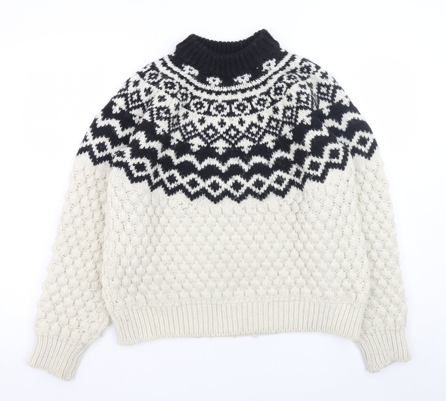 H&M Men’s Black White Fair Isle High Neck Knit Jumper Size S