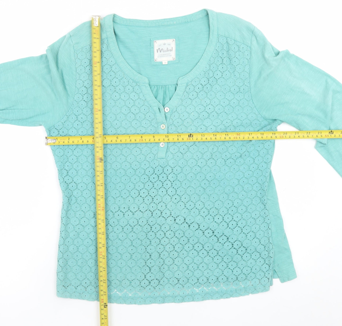 Mistral Women's Green Cotton Lace Henley Tunic Blouse Size 14