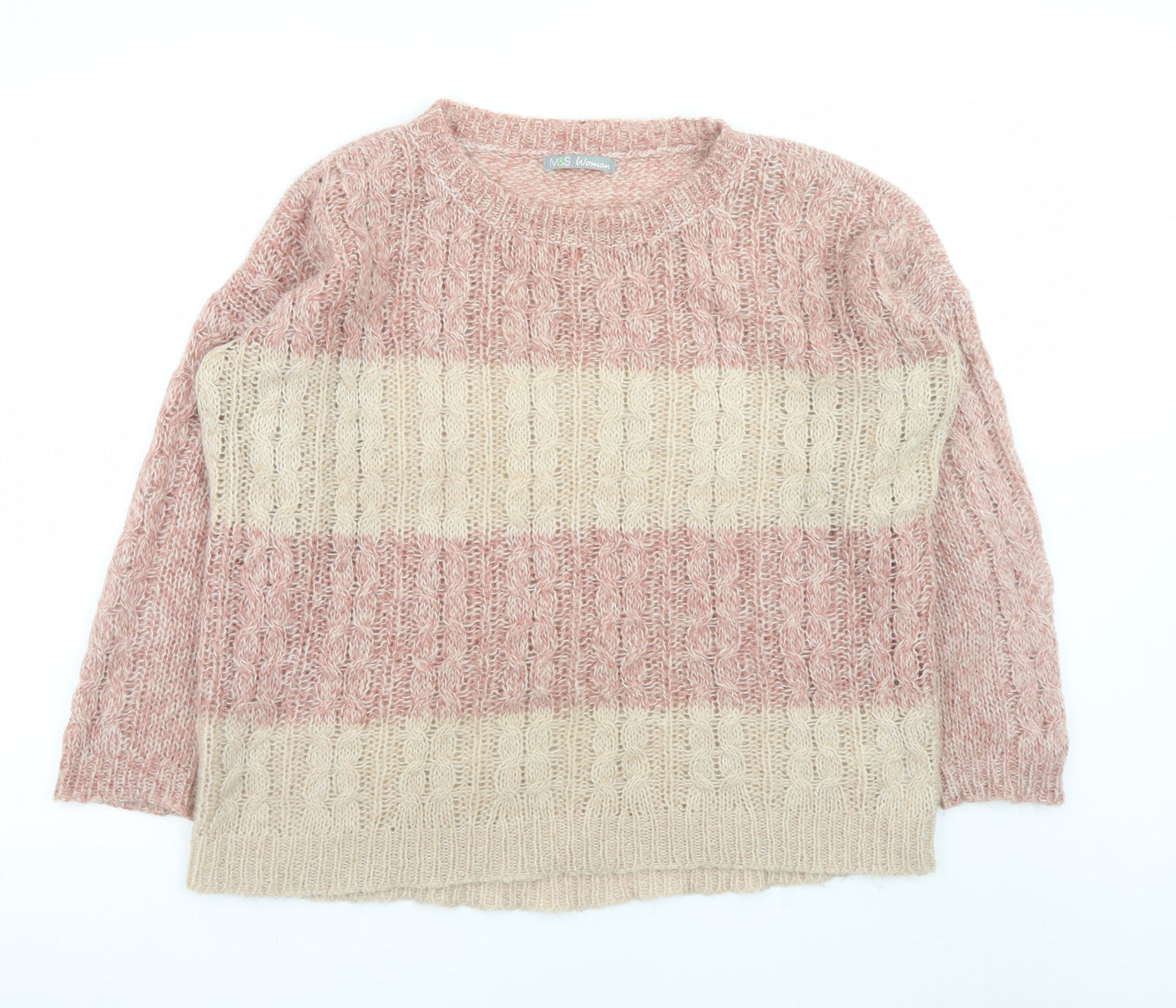 Marks and Spencer Women Pink Striped Cable-Knit Jumper UK 14
