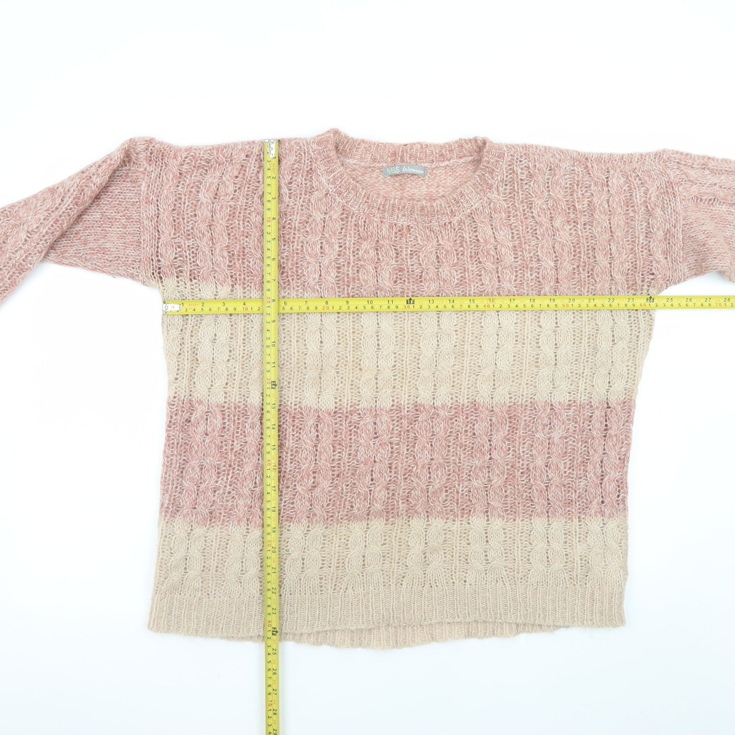 Marks and Spencer Women Pink Striped Cable-Knit Jumper UK 14
