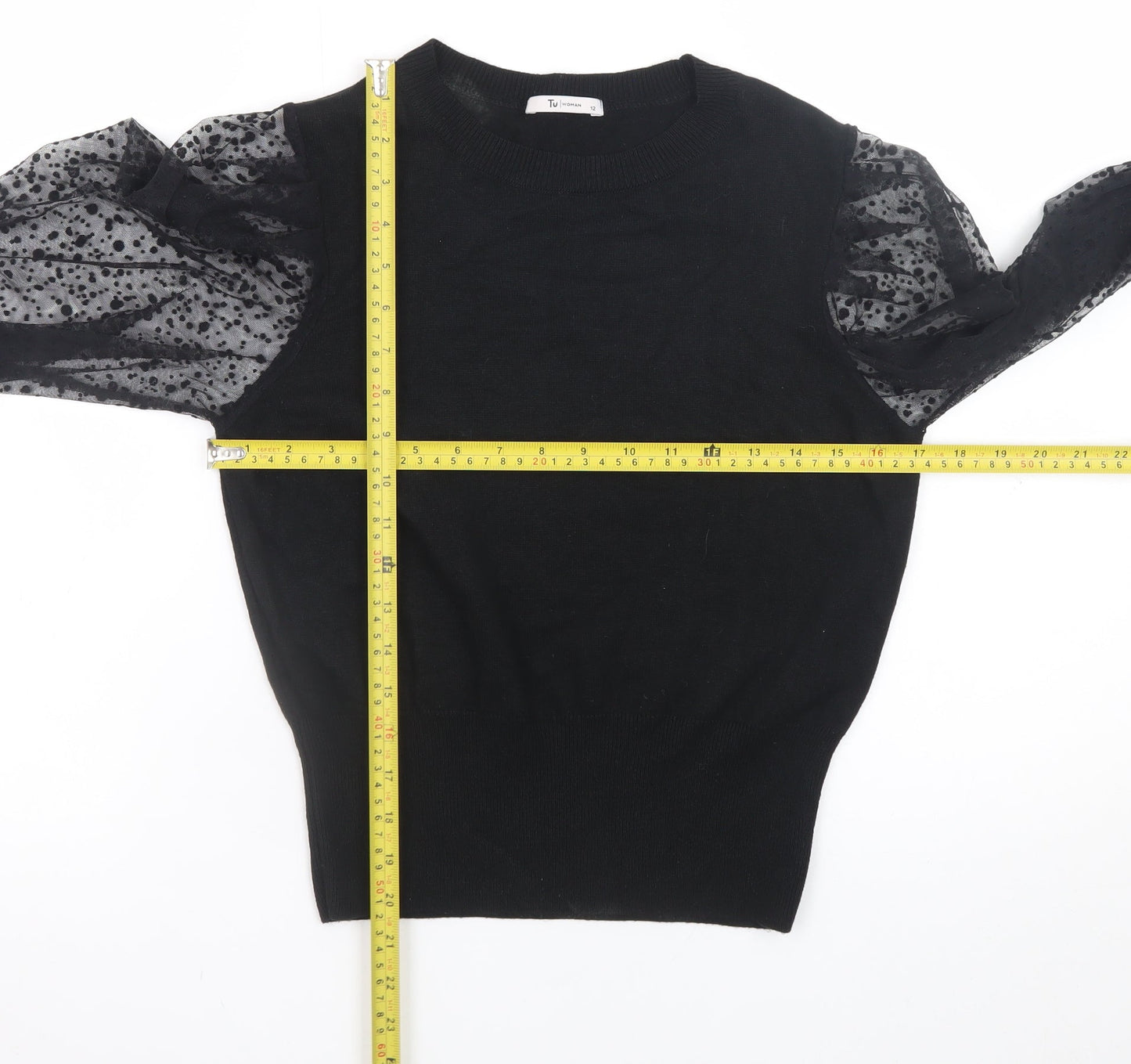 Tu Women Black Puff Sleeve Crew Neck Pullover Jumper Size 12