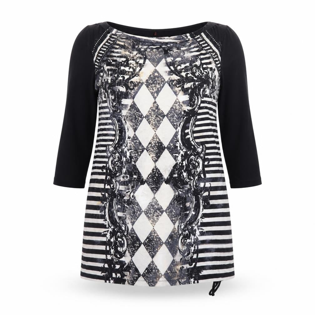 Olsen Women Black Argyle Shift Dress Size 16 3/4 Sleeve Viscose