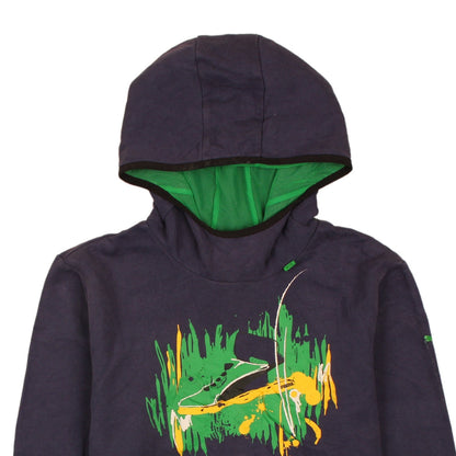 Brand and care label for Puma boys’ black pullover hoodie 14 years with green graphic print