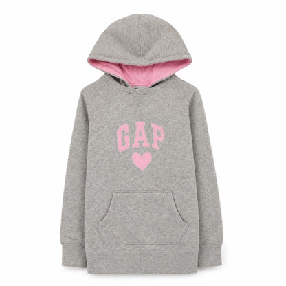 Front view of Gap Kids girls’ grey hooded pullover sweatshirt medium with logo print