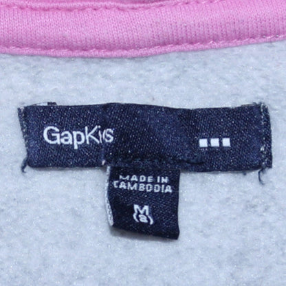 Close-up detail of Gap Kids girls’ grey hooded pullover sweatshirt medium with logo print