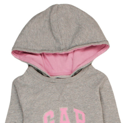 Brand and care label for Gap Kids girls’ grey hooded pullover sweatshirt medium with logo print