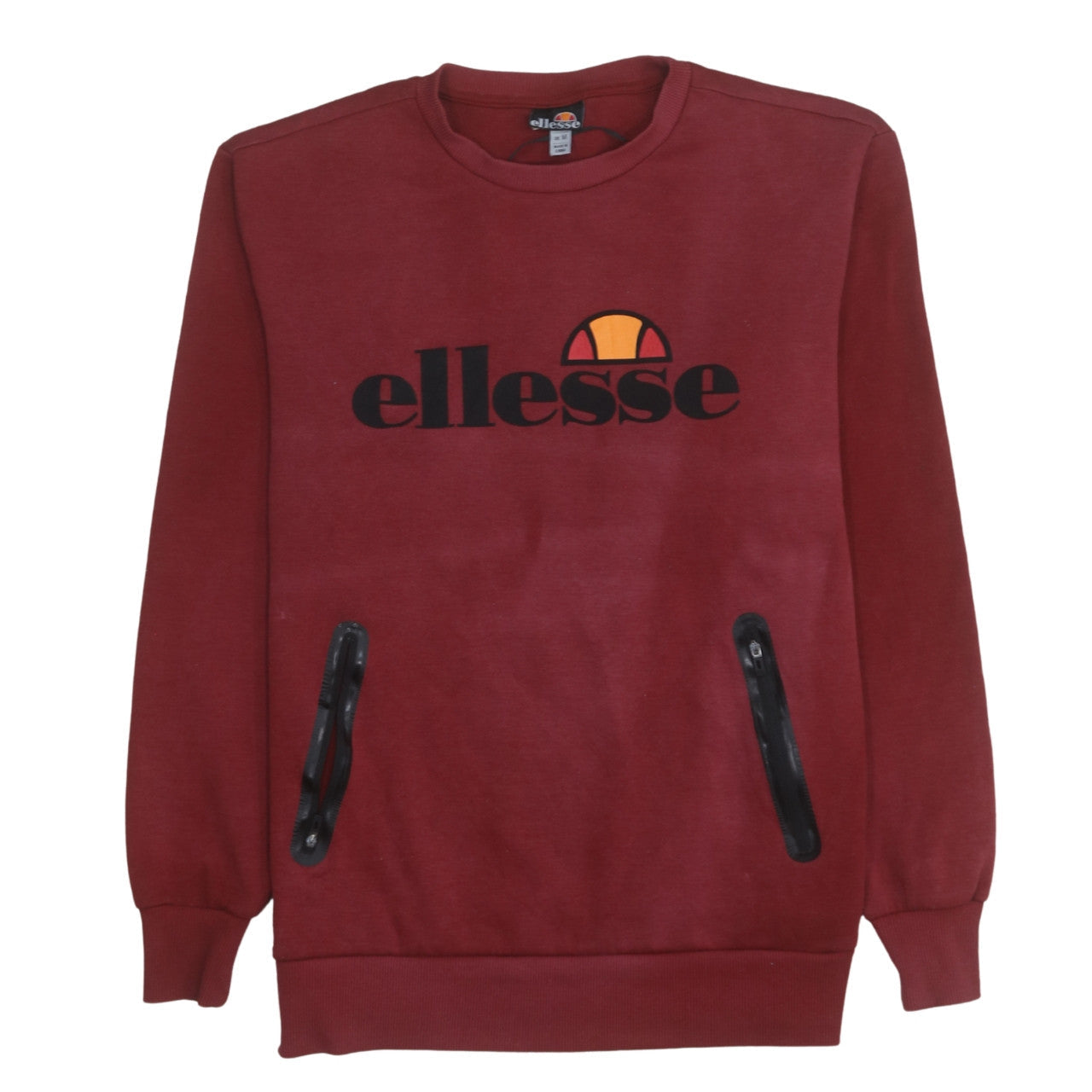 Ellesse Men Red Pullover Sweatshirt M Logo Crew Neck Zip Pockets