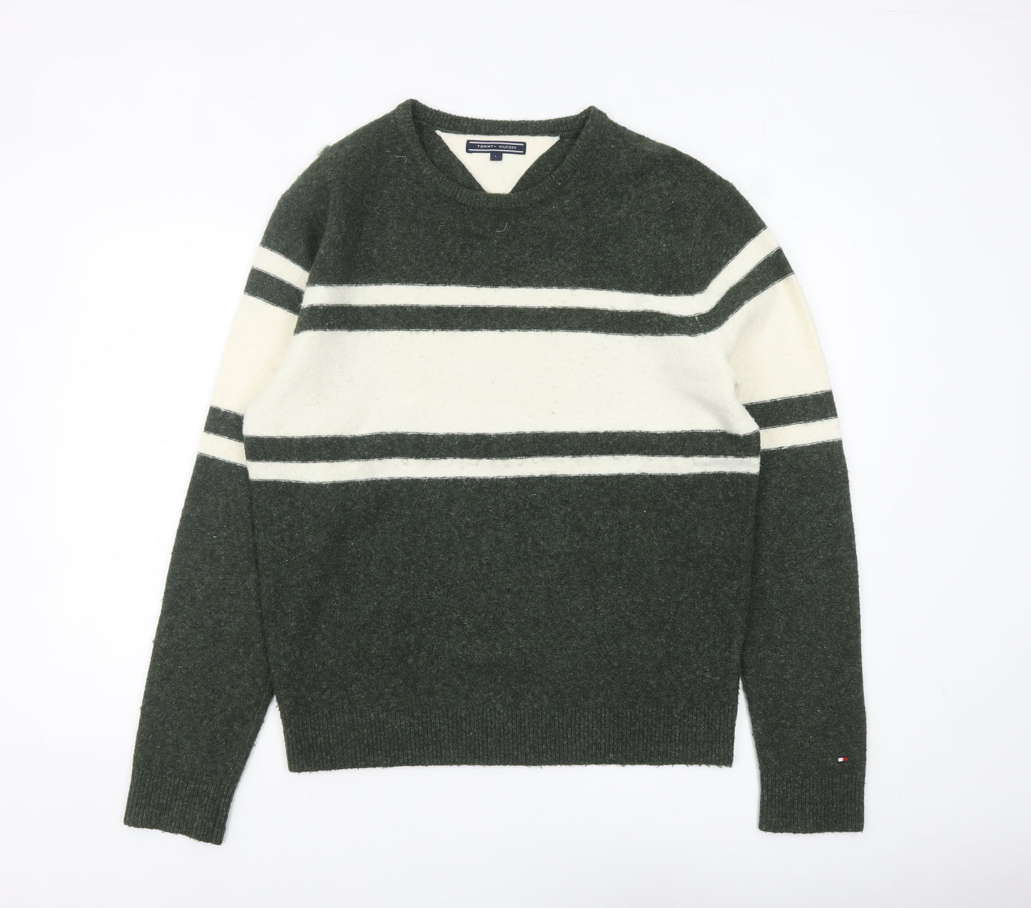 Tommy Hilfiger Men's Green Striped V-Neck Wool Blend Jumper L