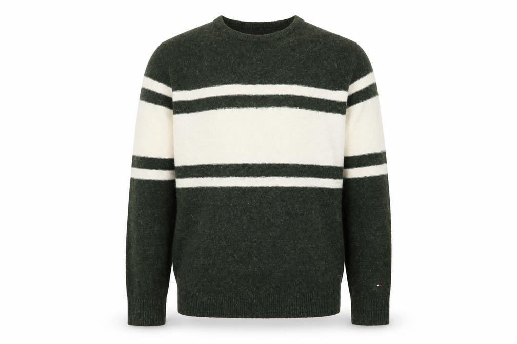 Tommy Hilfiger Men's Green Striped V-Neck Wool Blend Jumper L
