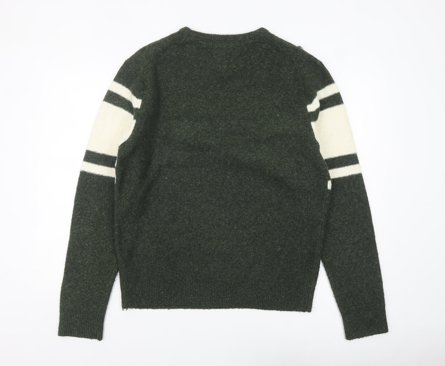 Tommy Hilfiger Men's Green Striped V-Neck Wool Blend Jumper L