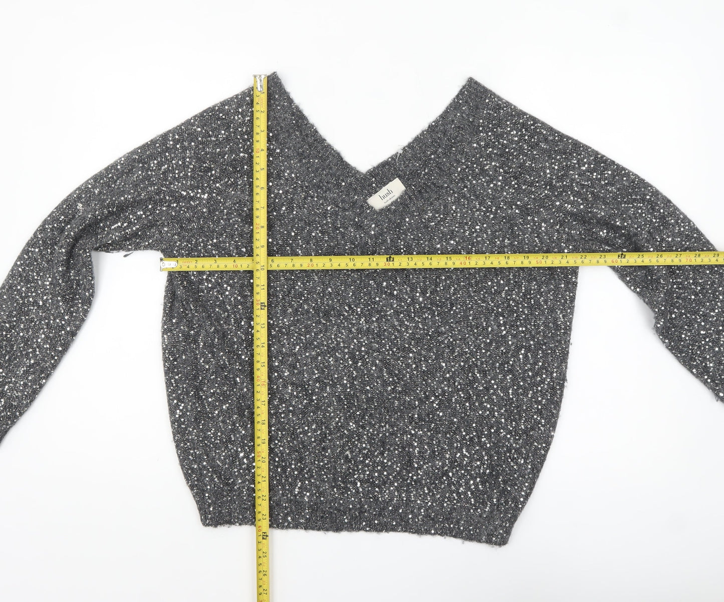 Hush Women Grey Sequin V-Neck Wool Blend Pullover Jumper M