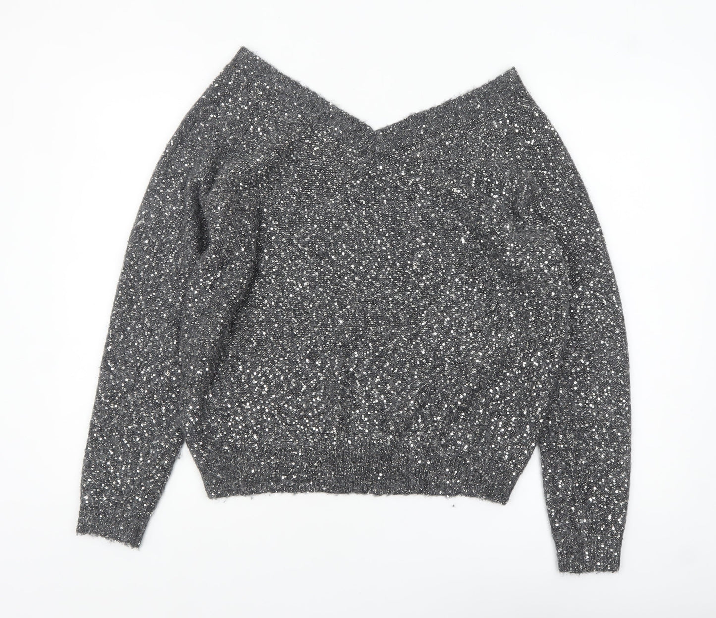 Hush Women Grey Sequin V-Neck Wool Blend Pullover Jumper M