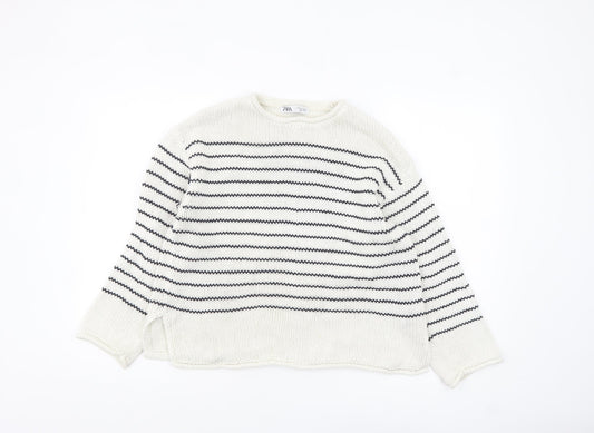 Zara Women White Striped Cotton Crew Neck Knit Jumper Size S