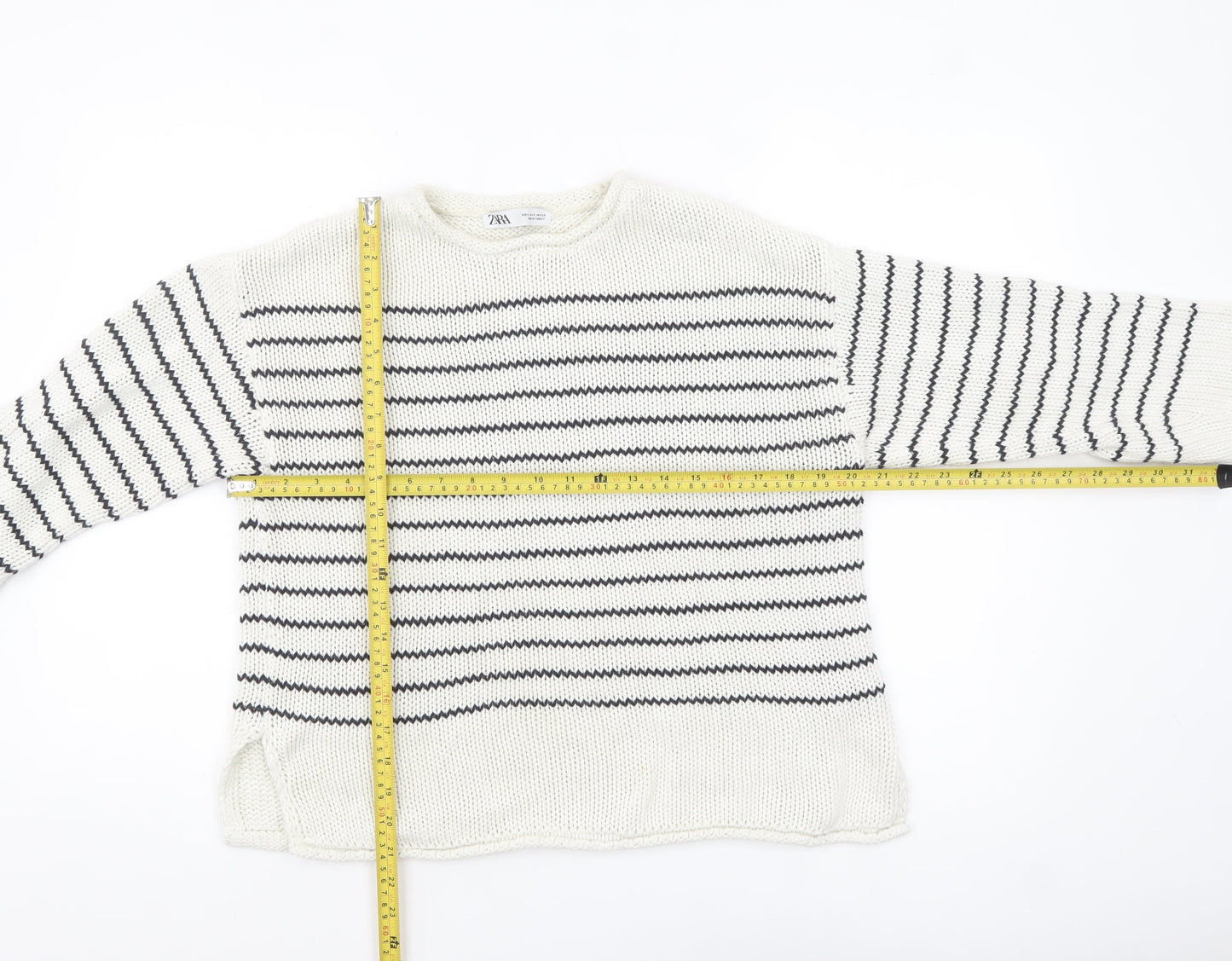 Zara Women White Striped Cotton Crew Neck Knit Jumper Size S