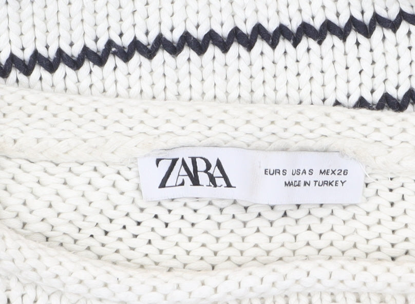 Zara Women White Striped Cotton Crew Neck Knit Jumper Size S