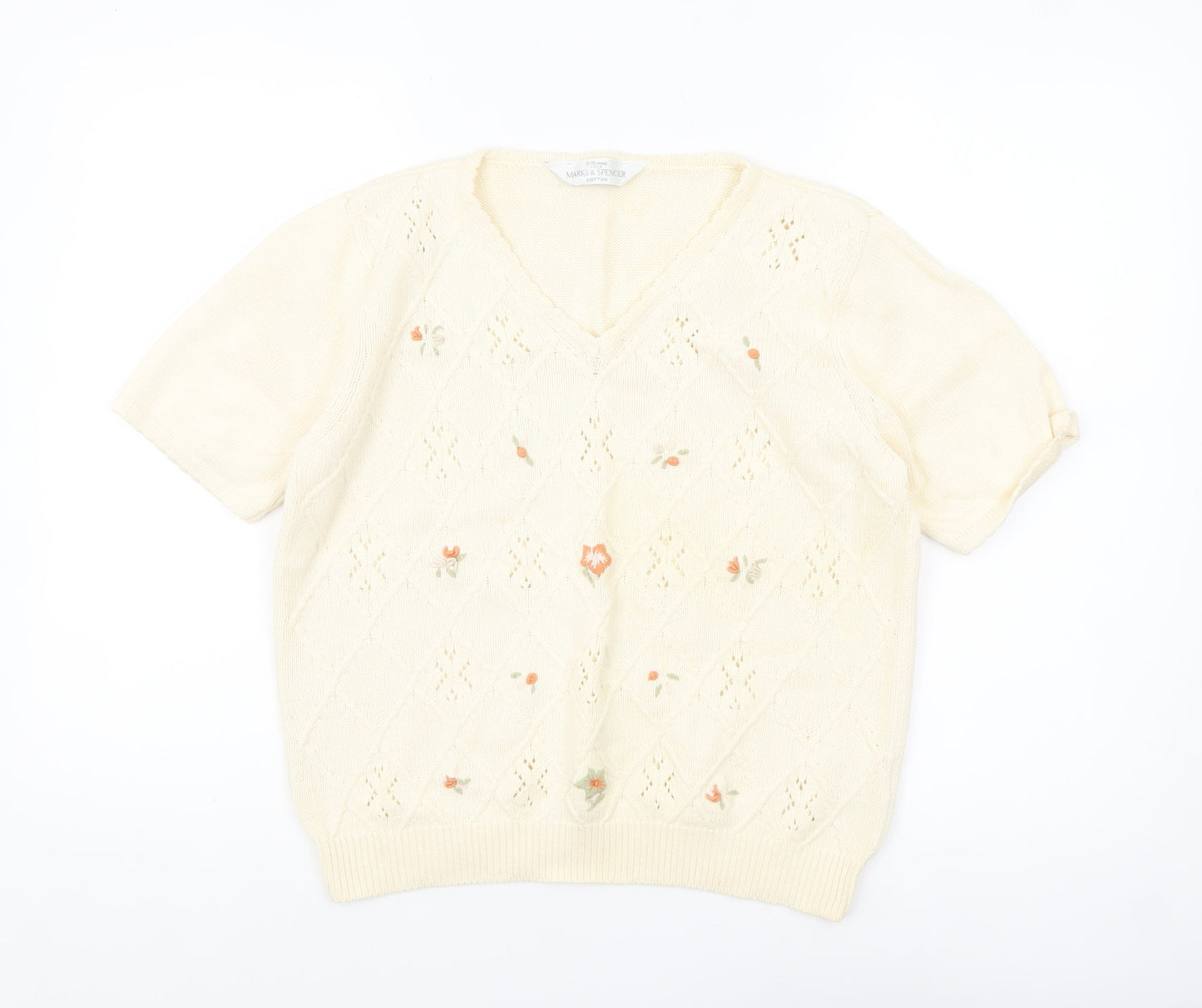 Marks and Spencer Women Beige V-Neck Embroidered Cotton Jumper Size 16