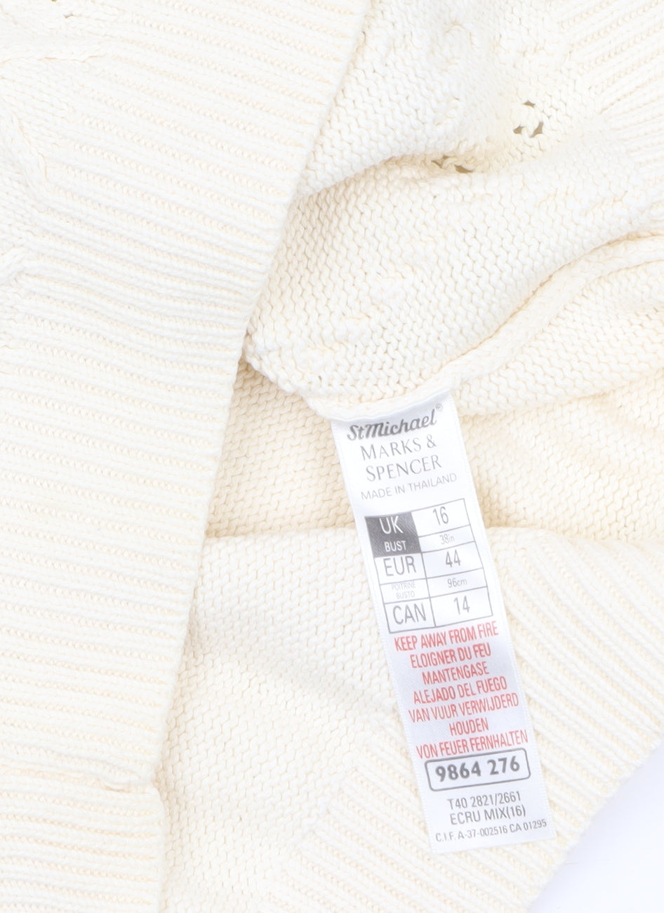 Marks and Spencer Women Beige V-Neck Embroidered Cotton Jumper Size 16
