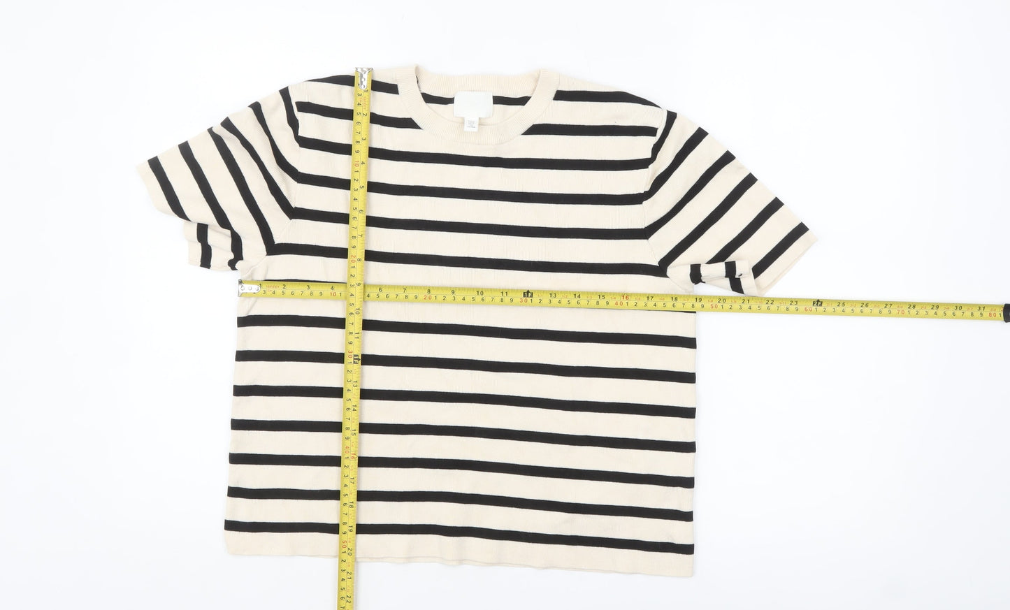 H&M Women Beige Black Striped Cotton Short Sleeve Pullover Jumper Size 12