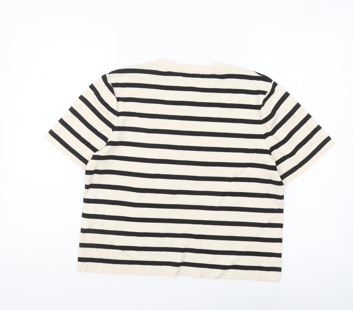 H&M Women Beige Black Striped Cotton Short Sleeve Pullover Jumper Size 12