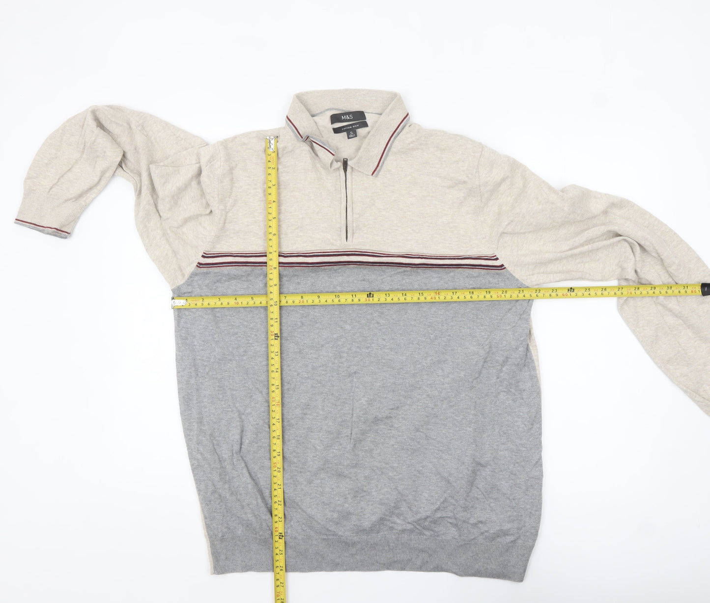 Marks and Spencer Men's Beige Cotton 1/2 Zip Collared Jumper XL
