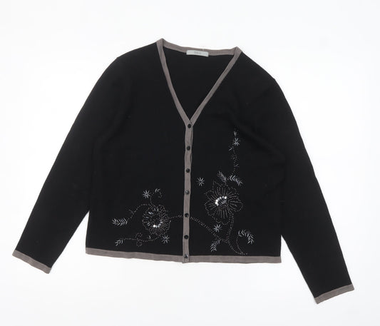 Marks and Spencer Womens Black Wool Blend Floral Beaded Cardigan UK 14