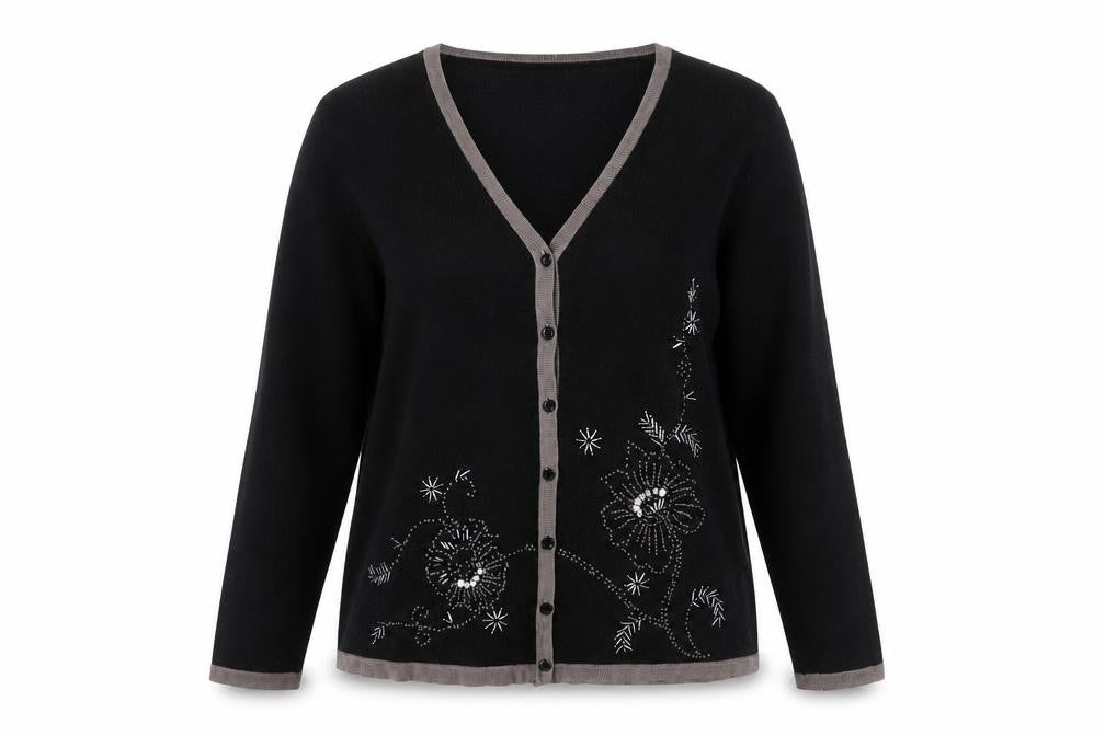 Marks & Spencer Womens Black Wool Blend Floral Beaded Cardigan UK 14