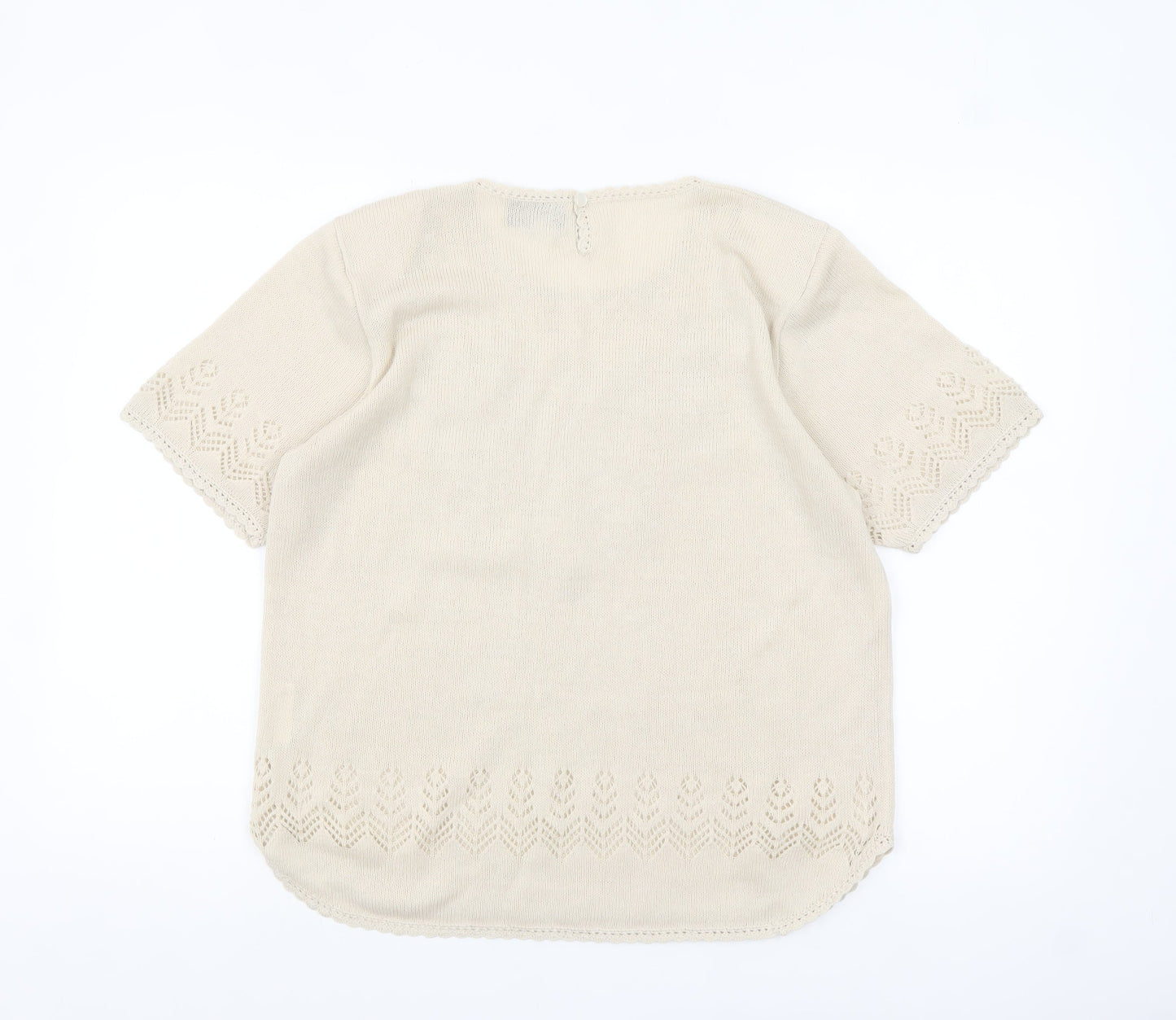 ABEL Women's Beige Knit Tunic Blouse XL Short Sleeve Embroidered Top
