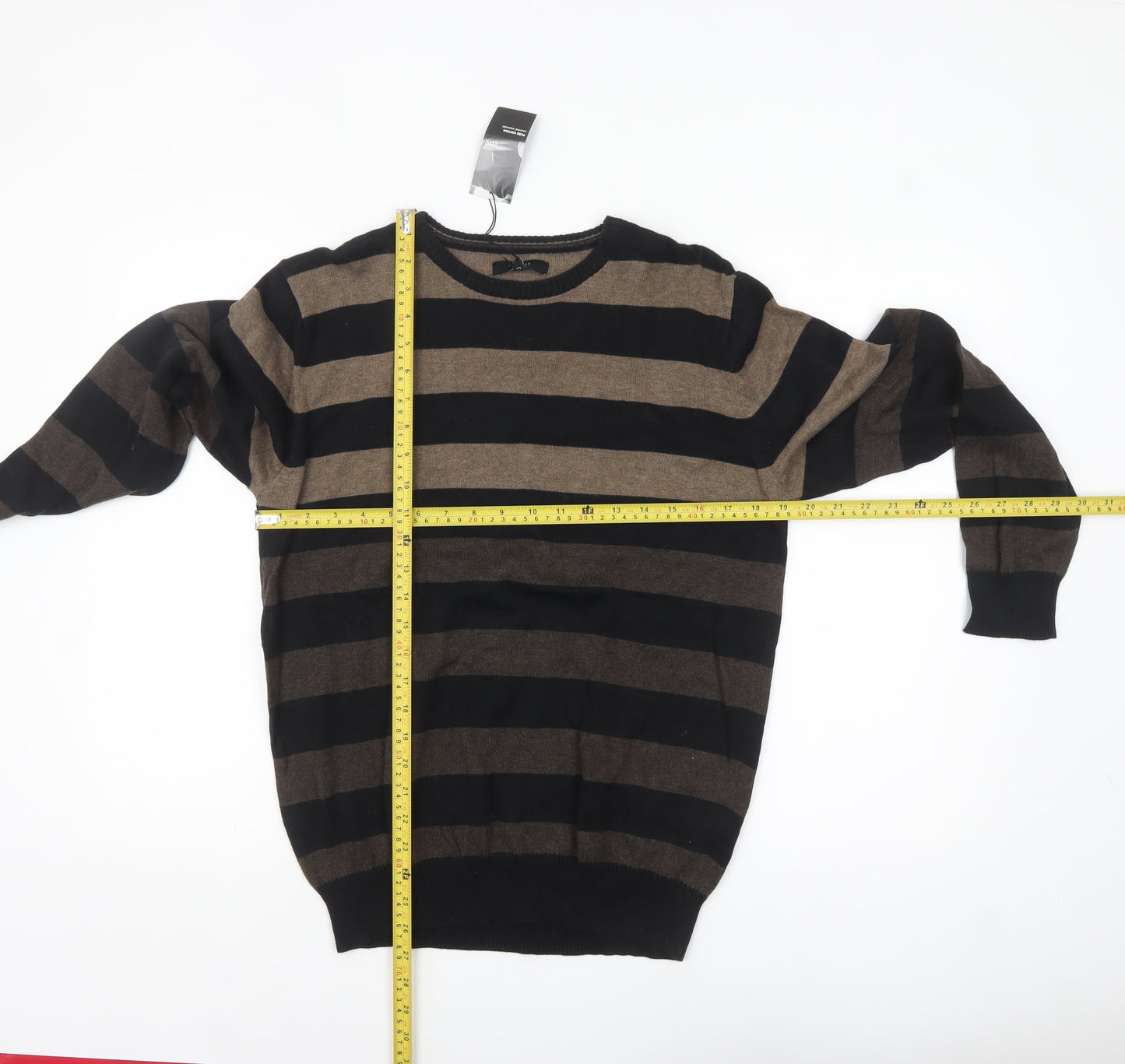 Thomas Nash Men's Brown Striped Cotton Crew Neck Jumper Small