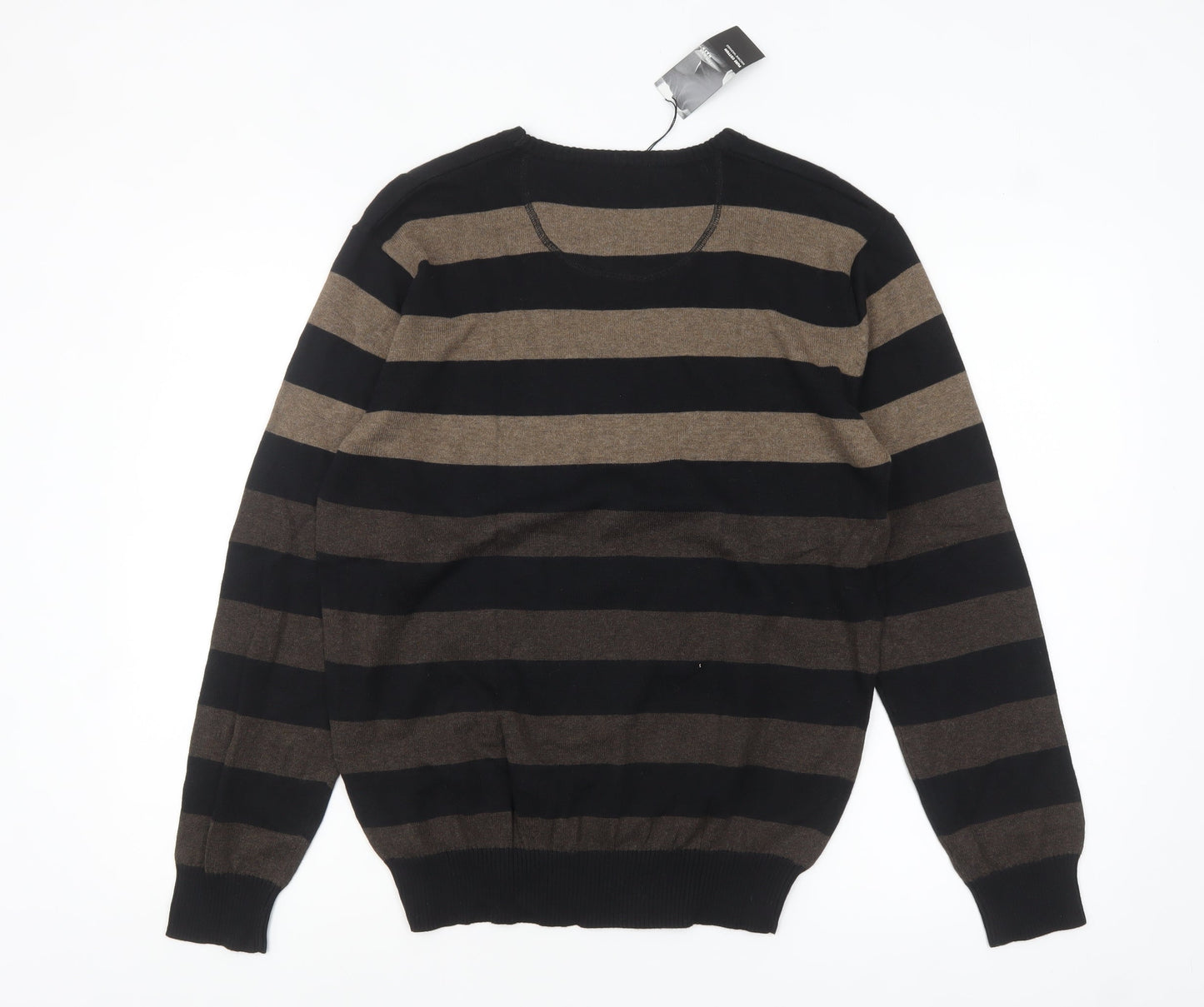 Thomas Nash Men's Brown Striped Cotton Crew Neck Jumper Small