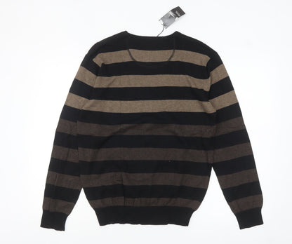 Close-up detail of Thomas Nash Men's Brown Striped Cotton Crew Neck Jumper Small