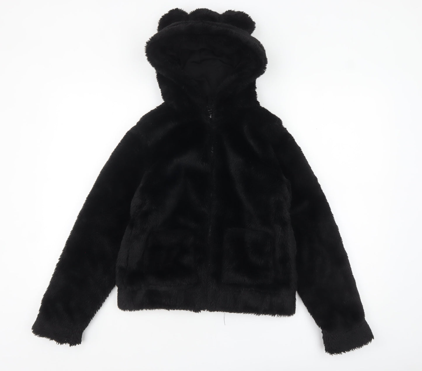 H&M Girls Black Faux Fur Hooded Jacket 11-12 Years Lined Animal Ears