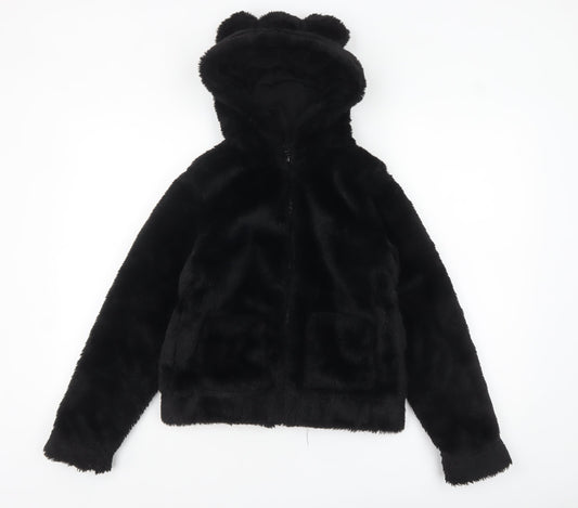 H&M Girls Black Faux Fur Hooded Jacket 11-12 Years Lined Animal Ears