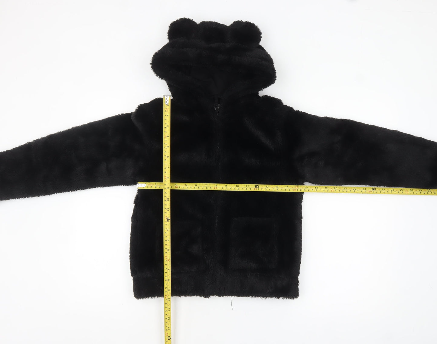 H&M Girls Black Faux Fur Hooded Jacket 11-12 Years Lined Animal Ears